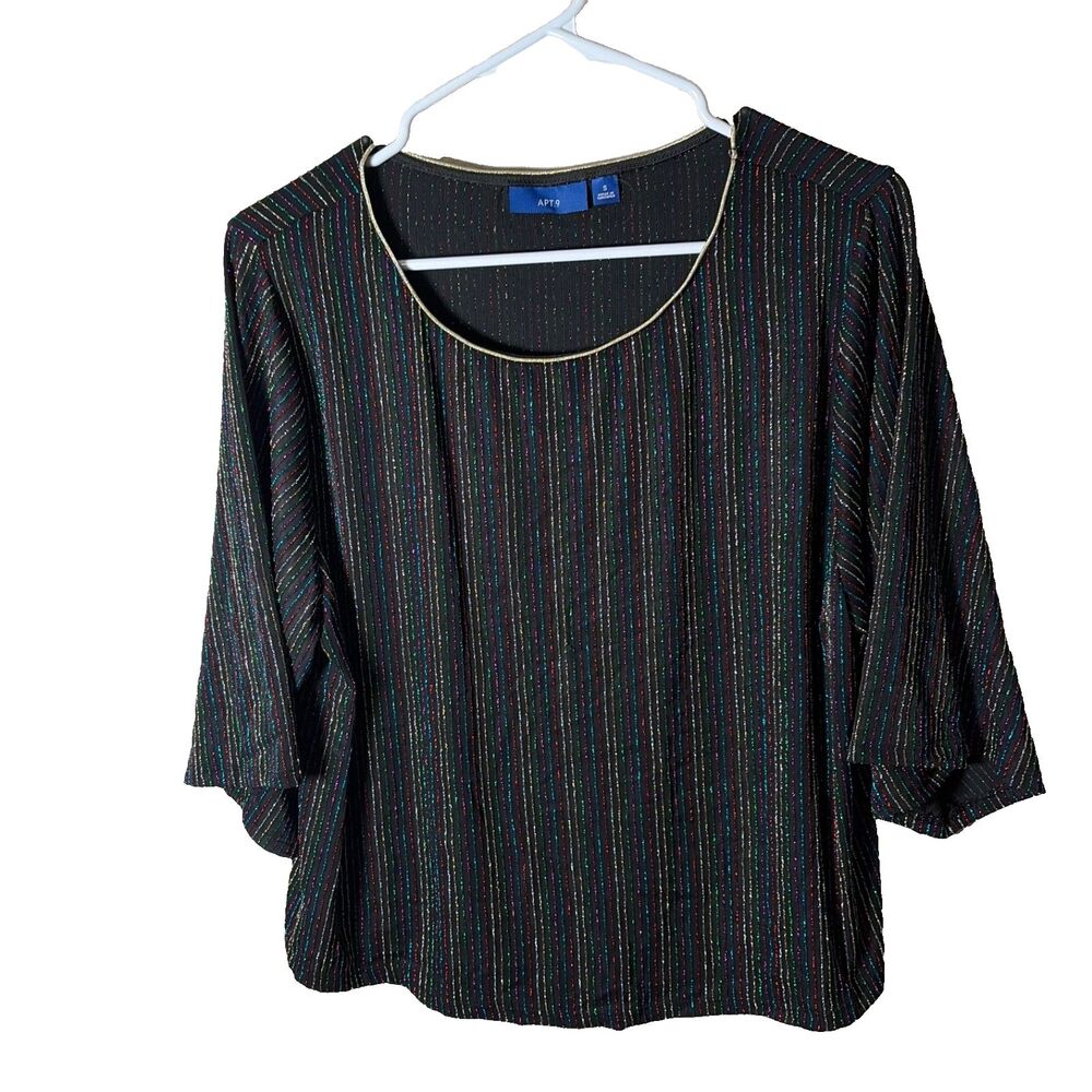 Apt 9 Blouse Women's Small Black Metallic 3/4 Sleeve Round Neck Top Shirt